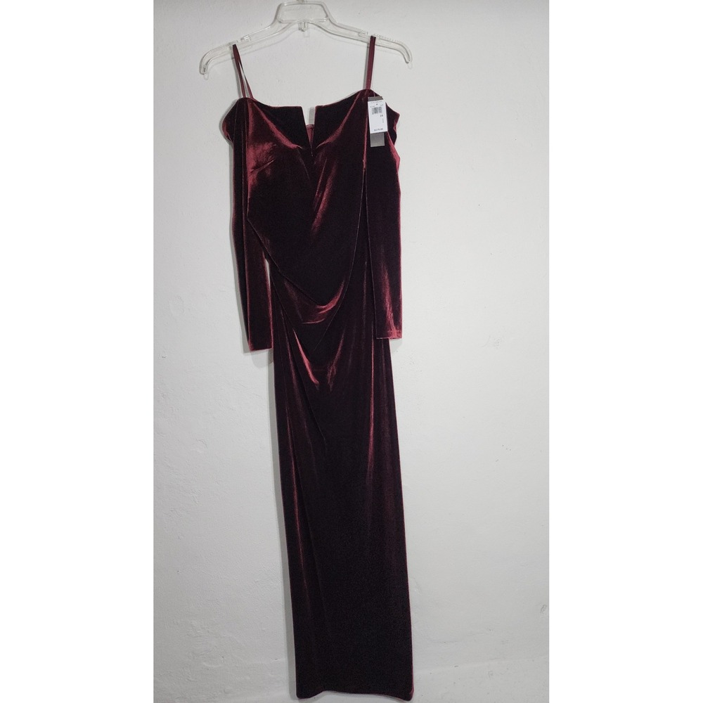 X by Xscape Velvet Gown 16 Burgundy Off Shoulder Ruched Evening Dress XC204 NEW - Picture 2 of 12